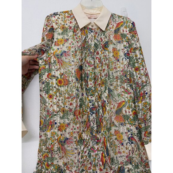 Tory Burch Promised Land Bird Peacock Floral Print Mini Dress Metallic Silk 8 - Picture 8 of 16